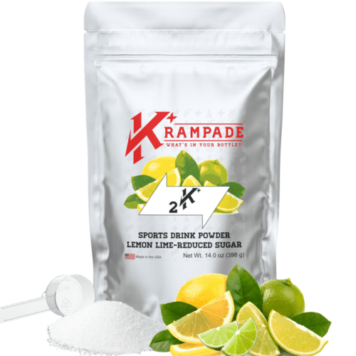 Krampade Original 2K Lemon Lime Reduced Sugar contains 2000mg potassium and 200mg sodium. Potassium powered electrolytes relieve cramps including menstrual cramps, nighttime leg cramps, charlie horses, and athletic cramps. Plus, the unique electrolyte blend enhances athletic performance, longer endurance, faster recovery, and optimize hydration.