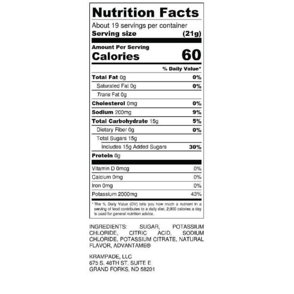 Krampade 2K Reduced Sugar Nutrition Label Low Sugar High Potassium Sports Drink Electrolytes Recovery Hydration
