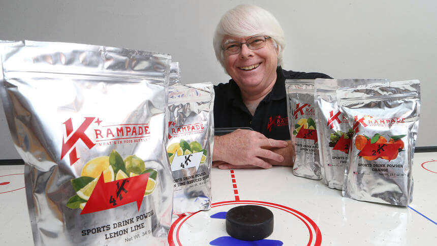 Eric Murphy, a UND med school professor, developed a potassium-based drink to prevent cramping. The drink, Krampade, is a available in different flavors and formulations.
photo by Eric Hylden/Grand Forks Herald