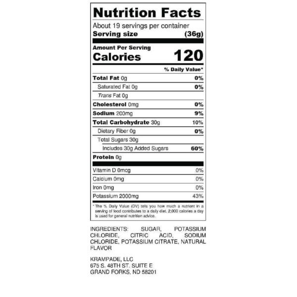 Krampade 2K Nutrition Label High Potassium Sports Drink Hydration Electrolytes Recovery