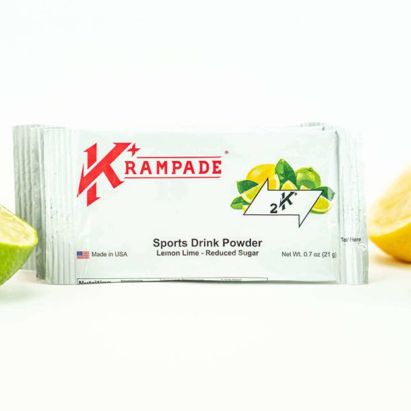 Krampade Original 2K reduced sugar lemon lime flavor, single serving packet, 2000 mg of potassium per serving, designed for athletes as an alternative sports drink to traditional sports drinks