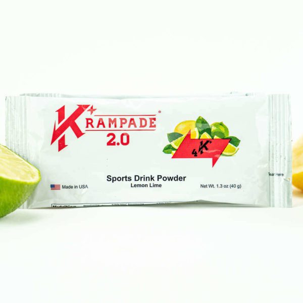 Krampade 2.0 4K lemon lime flavor, single serving packet, 4000 mg of potassium per serving, 60 mg of magnesium per serving, designed for acute, active cramping commonly associated with athletics and athletes, instant cramp relief, improved taste and function