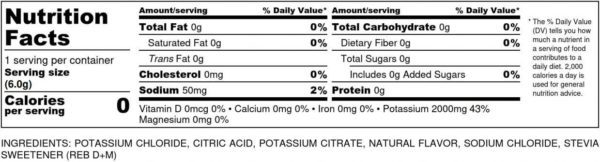 krampade 2.0 lemon-lime zero nutrition label 2000 mg potassium, 50 mg magnesium, 50 mg sodium, 0 sugar