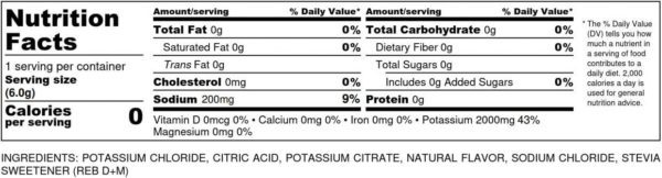 krampade 2K lemon-lime zero nutrition label, 2000 mg potassium, 200 mg sodium, 0 sugar
