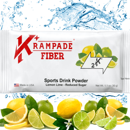 Krampade Fiber Reduced Sugar has 9g of prebiotic soluble fiber that helps probiotics function better plus 2000mg of potassium, 50mg magnesium, and 50mg sodium. High dietary fiber, high potassium, high electrolyte, low sodium powdered drink mix.