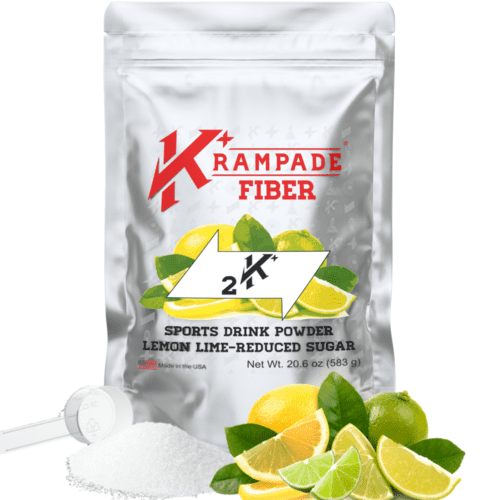 Krampade Fiber Reduced Sugar has 9g prebiotic soluble fiber to help probiotics plus 2000mg potassium and 50mg magnesium. High dietary fiber, high electrolyte, high potassium, low sodium powdered drink mix