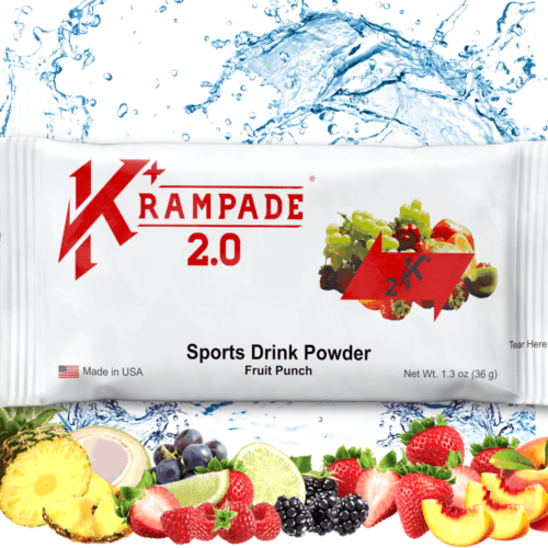 Krampade 2.0 2K Fruit Punch has 2000mg potassium, 50mg magnesium, and 50mg of sodium per serving. The potassium powered electrolytes in Krampade relieves cramps of all kinds, menstrual cramps, nighttime leg cramps, charlie horses, and athletic cramps. Plus, enhance athletic performance, increase endurance, and speed recovery while optimizing hydration.