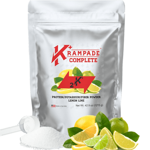 Krampade Complete combines 30g whey protein hydrolysate, 9g prebiotic soluble fiber, 2000mg potassium, 50mg magnesium, 50mg sodium, high electrolyte, low sodium, high protein, high dietary fiber