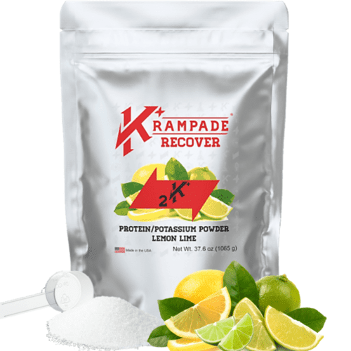Krampade Recover maximizes muscle strength building and increases endurance by synergizing 30 g whey protein hydrolysate with 15 g essential amino acids (EAA) and 7 g branched chain amino acids (BCAA) and 2000 mg potassium with 50 mg magnesium, high protein, high potassium, high electrolyte, low sodium